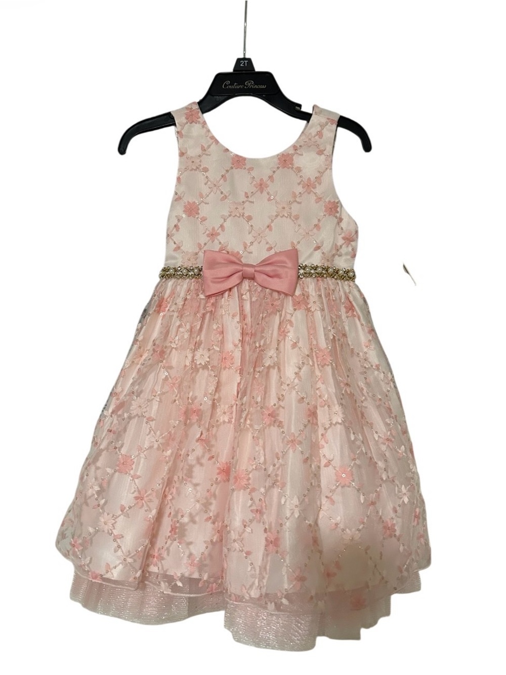 Classic Pink Floral Lace Bow Party Dress for Girls